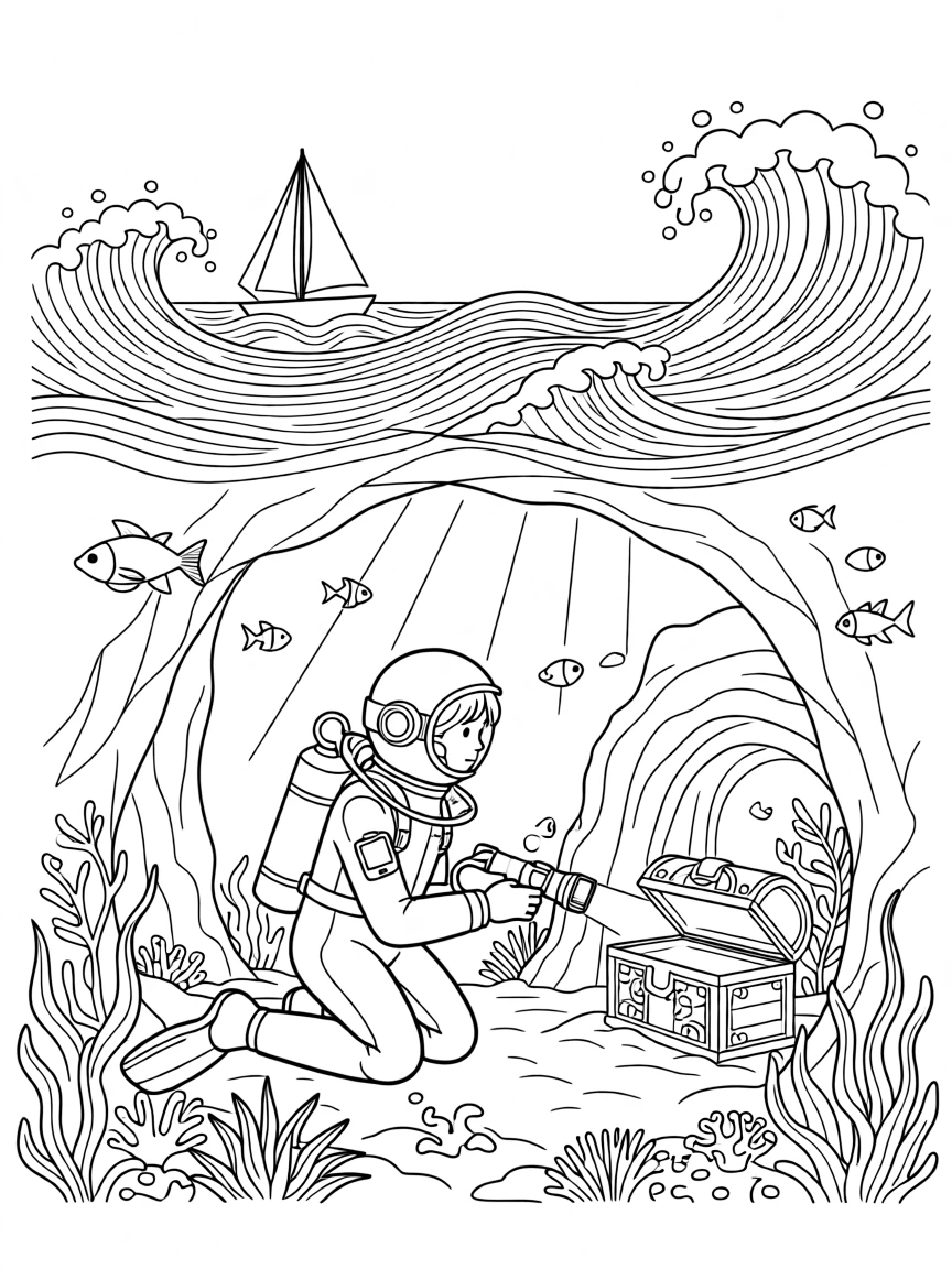 A deep-sea diver exploring an underwater cave, with waves crashing dramatically in the background.