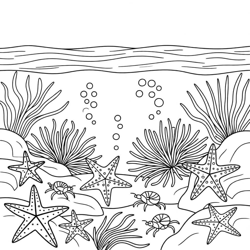 A tide pool full of starfish, anemones, and hermit crabs, with bubbles rising toward the surface.