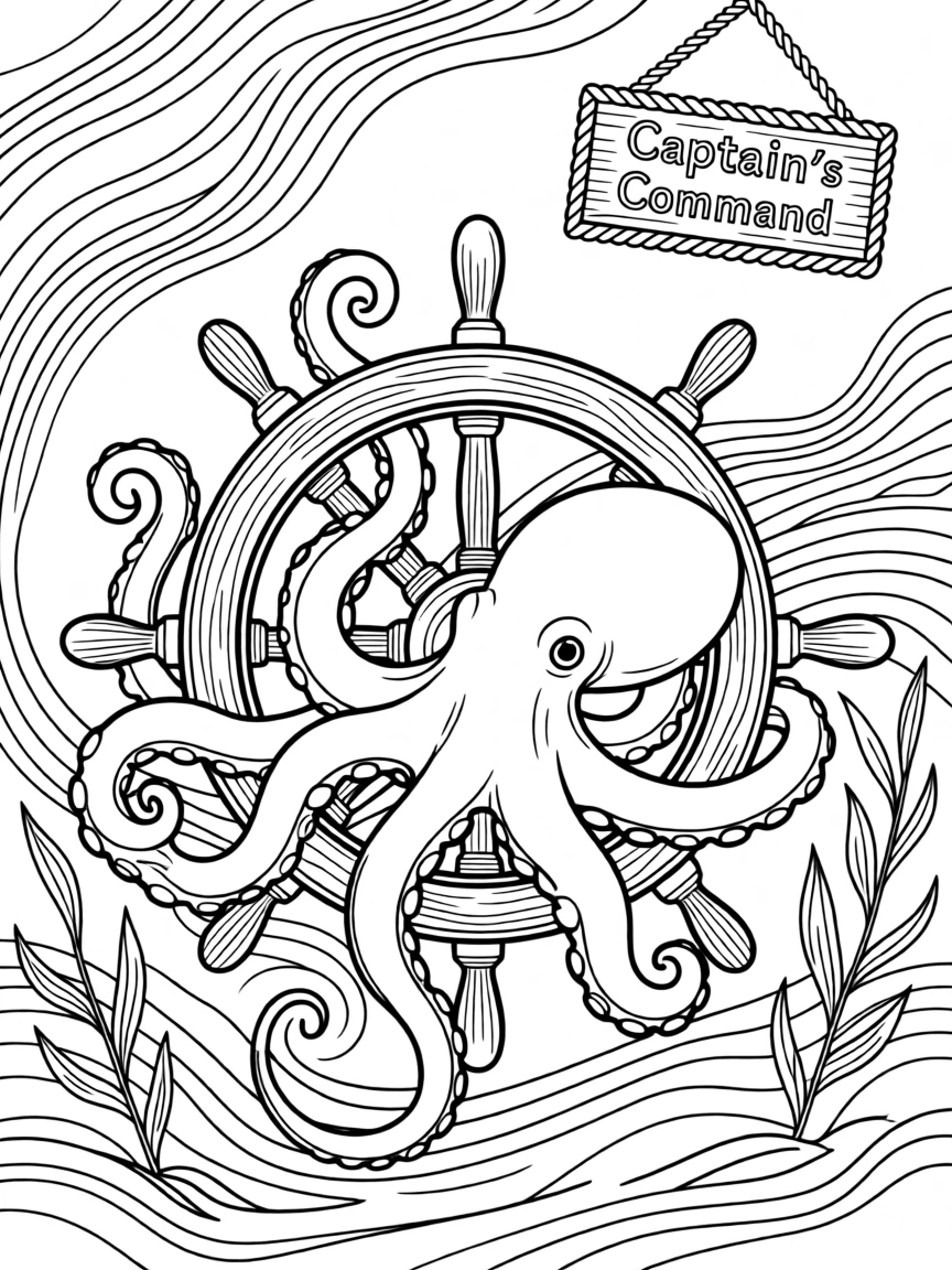 An octopus wrapped around a ship's steering wheel, with swirling sand and drifting seaweed.