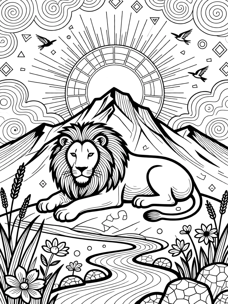 A single sunrise rising behind a mountain silhouette shaped like a resting lion.