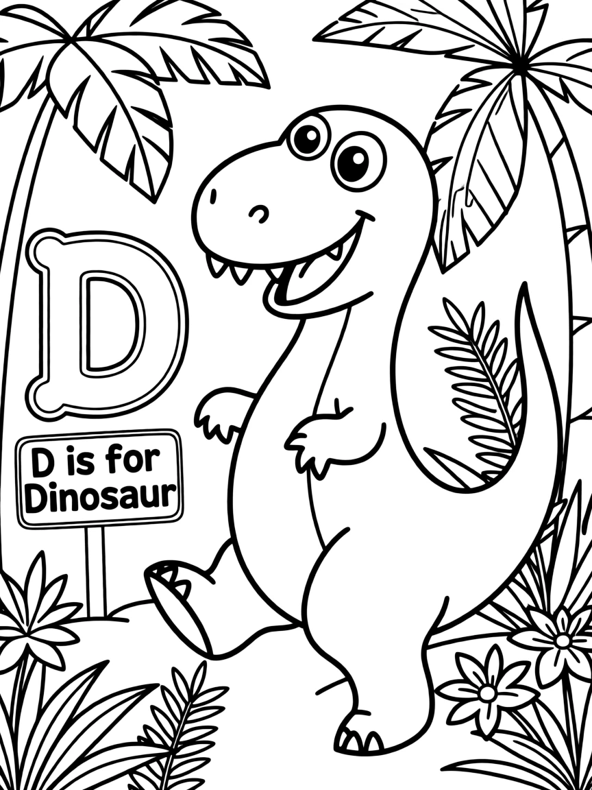 (letter card) D is for Dinosaur stomping through the jungle