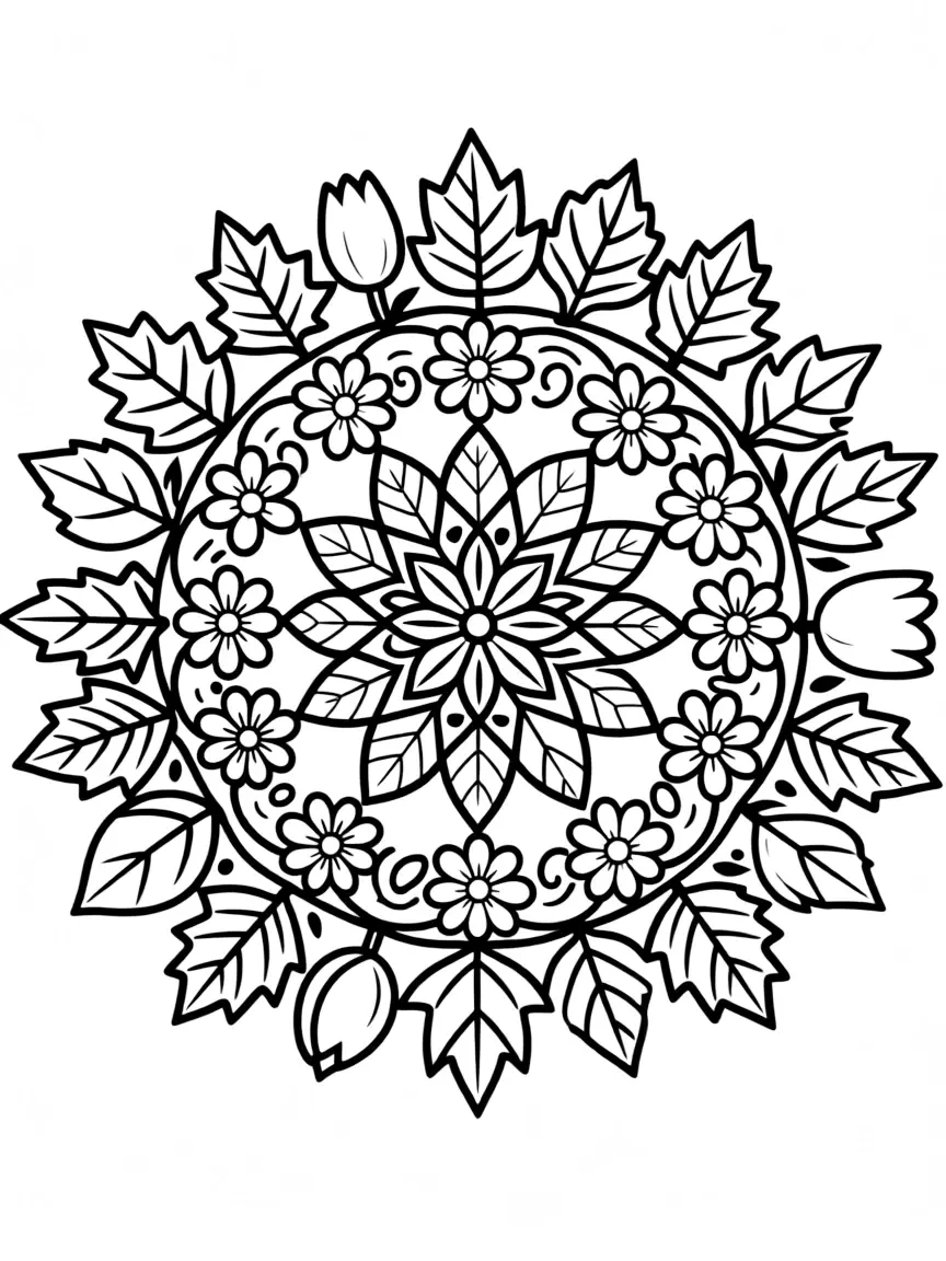 coloring page for mandala pattern with leaves and flowers