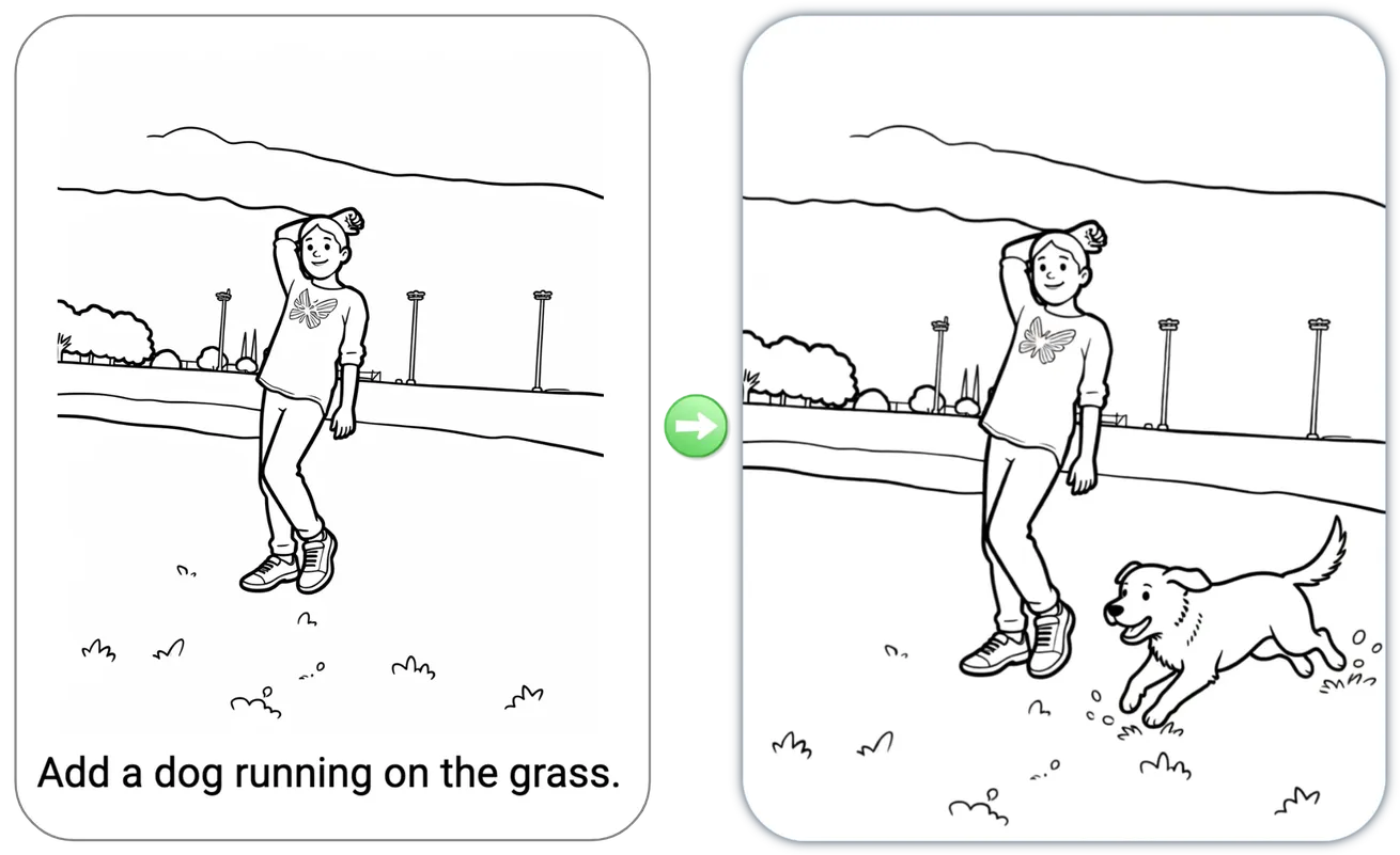 Coloring page edit by asking: a dog added to the scene.
