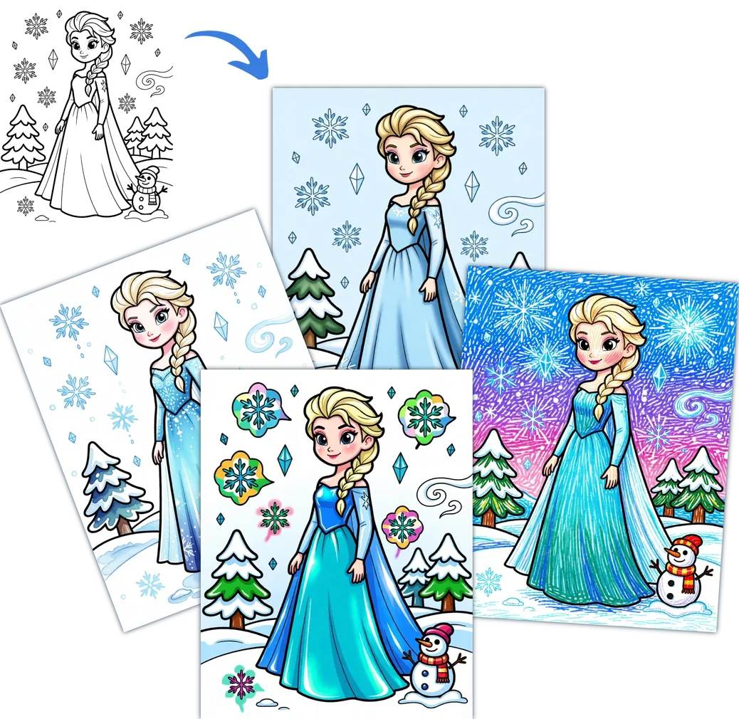 Coloring page before and after: line art princess illustration colored in four different styles with snowy winter theme