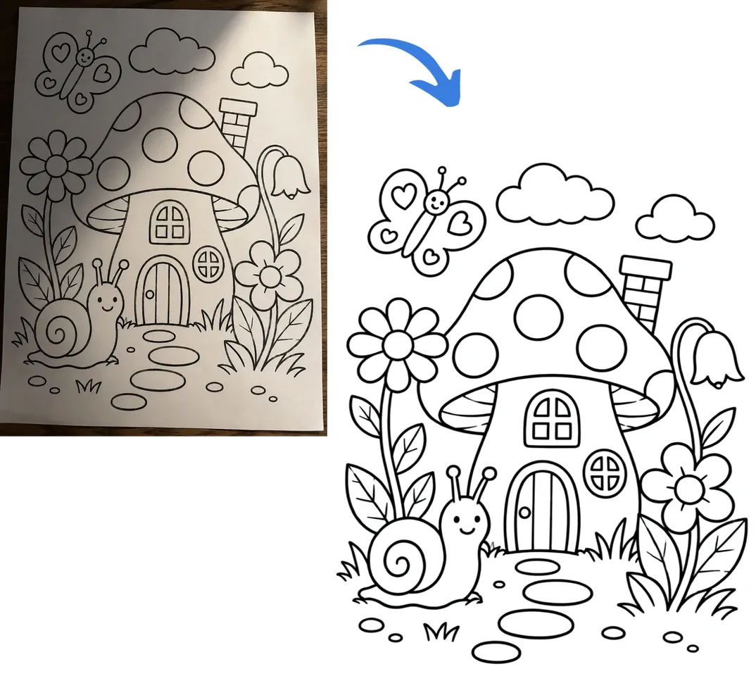 Photo to clean line art conversion of a mushroom house coloring page