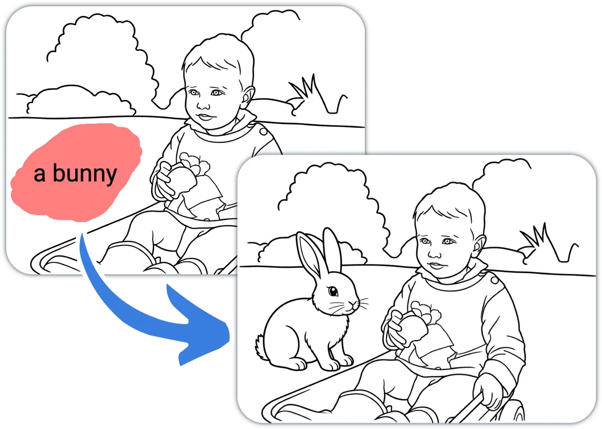 Coloring page before/after showing a bunny added via Magic Fill